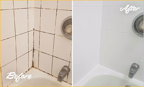 Before and After Picture of a Bathroom Grout Caulking in a Bathtub Area