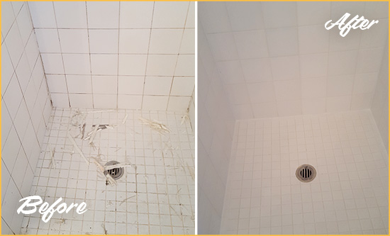Before and After Picture of Grout Recaulking on a Shower