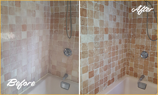 Before and After Picture of a Travertine Bath Tub Honed and Polished to Remove Soap Scum