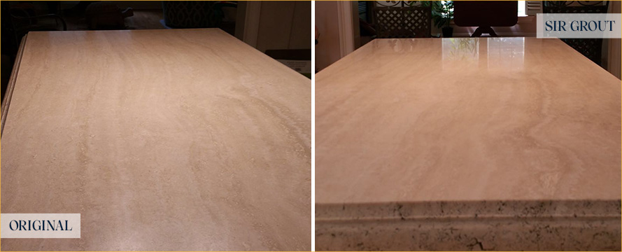 Before and After Picture of a Travertine Stone Countertop Sealing