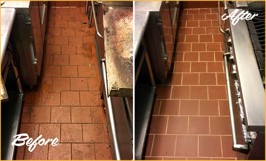 Before and After Picture of a Alafaya Restaurant Kitchen Tile and Grout Cleaned to Eliminate Dirt and Grease Build-Up