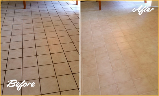 Before and After Picture of a Bay Lake Kitchen Tile and Grout Cleaned to Remove Embedded Dirt