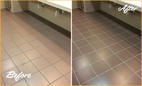 Before and After Picture of a College Park Restrooms Tile and Grout Cleaned to Remove Embedded Dirt