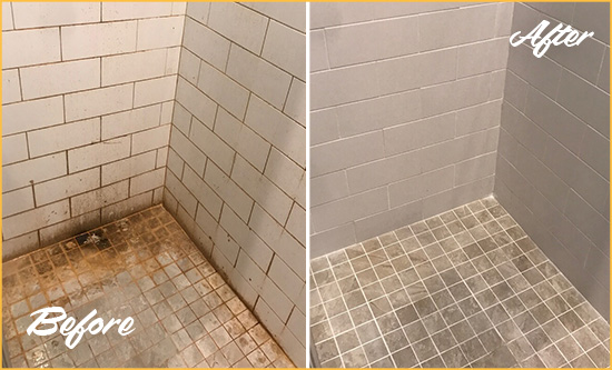 Before and After Picture of a Bay Hill Shower Tile and Grout Cleaned to Eliminate Mold and Stains