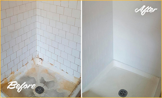 Before and After Picture of a Christmas Shower Tile and Grout Cleaned to Remove Soap Scum