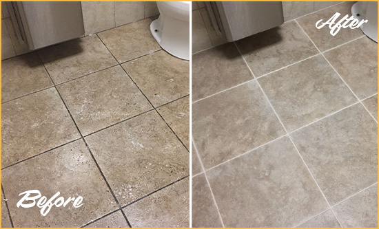 Before and After Picture of a MetroWest Restroom Tile and Grout Cleaned to Remove Soil