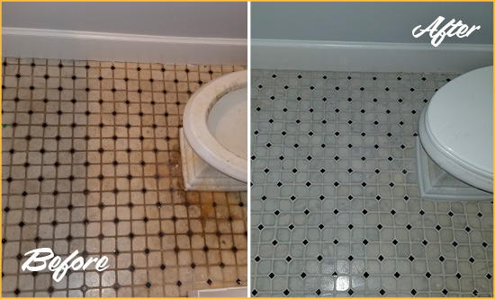 Before and After Picture of a MetroWest Bathroom Tile and Grout Cleaned to Remove Stains