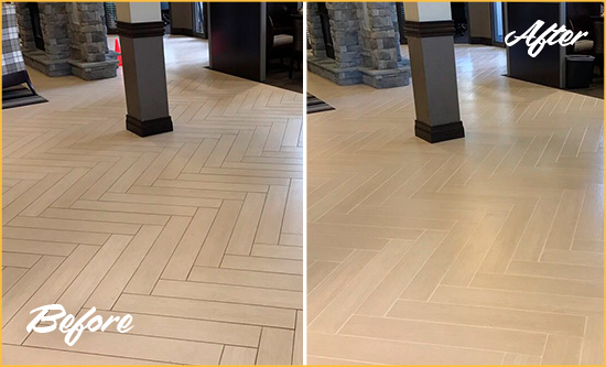 Before and After Picture of a Hunters Creek Office Floor Tile and Grout Cleaned to Remove Stains