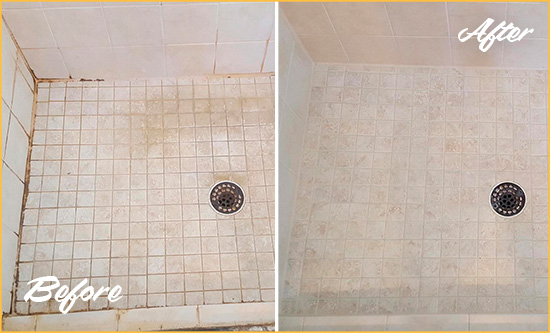 Before and After Picture of a Ocoee Shower Caulked to Fix Cracks