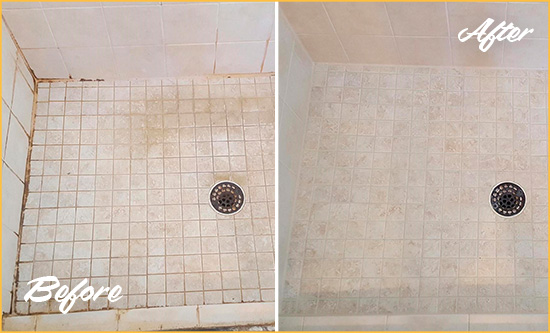 Before and After Picture of a Pine Castle Shower Caulked to Fix Cracks