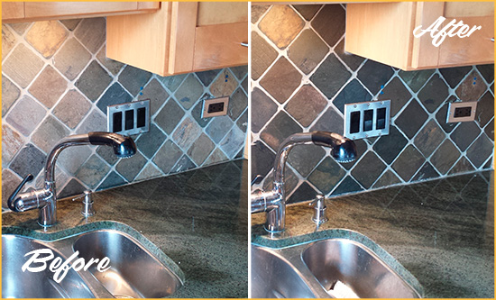 Before and After Picture of a Winter Park Backsplash Caulked to Fix and Prevent Water Leaks