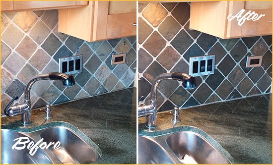 Before and After Picture of a Oviedo Backsplash Caulked to Fix and Prevent Water Leaks