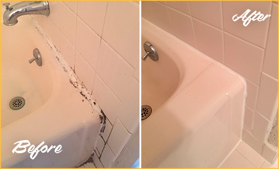 Before and After Picture of a Azalea Park Bathroom Sink Caulked to Fix a DIY Proyect Gone Wrong