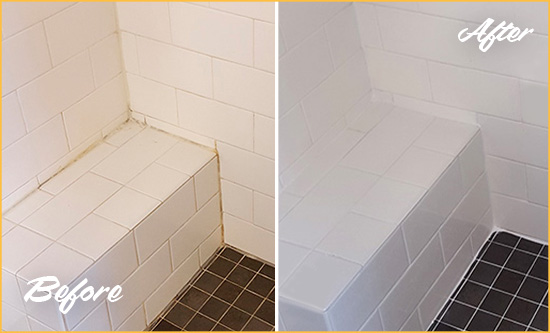 Before and After Picture of a Golden Oak Shower Seat Caulked to Protect Against Mold and Mildew Growth