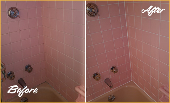 Before and After Picture of a Edgewood Bathtub Caulked to Eliminate Mold