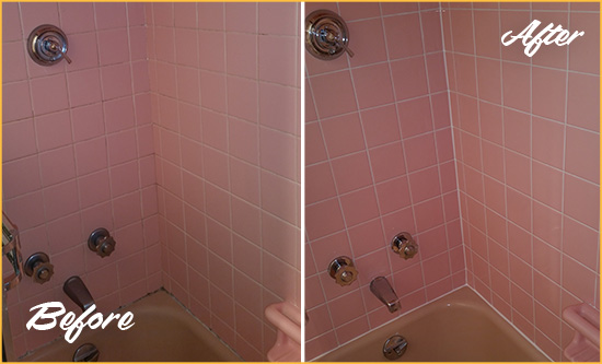 Before and After Picture of a Bay Lake Bathtub Caulked to Eliminate Mold