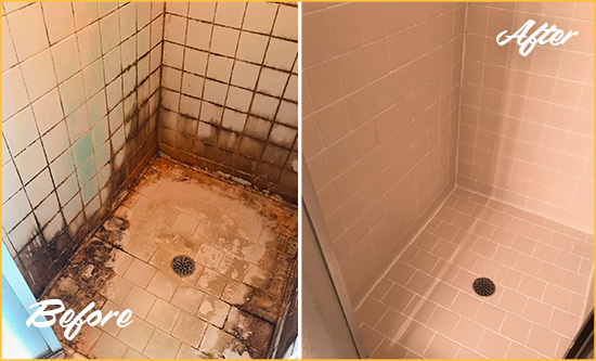 Before and After Picture of a Bay Hill Shower Caulked to Fix and Prevent Water Damage