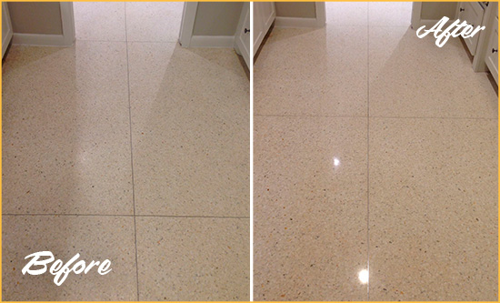 Before and After Picture of a Golden Oak Granite Stone Floor Polished to Repair Dullness
