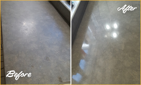 Before and After Picture of a Dull Clear Lake Limestone Countertop Polished to Recover Its Color