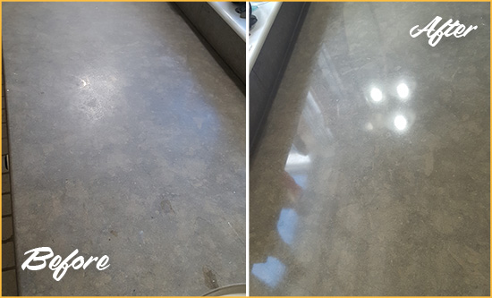 Before and After Picture of a Dull Clarcona Limestone Countertop Polished to Recover Its Color