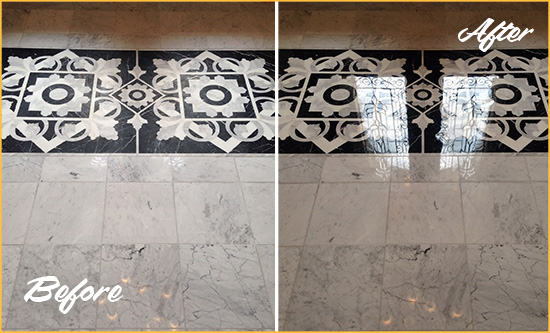 Before and After Picture of a Sanford Marble Stone Floor Polished to a Mirror Shine