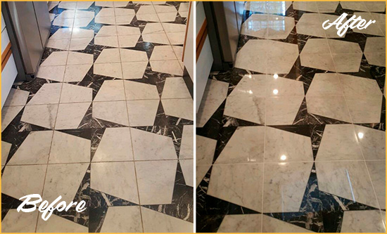 Before and After Picture of a Dull Clear Lake Marble Stone Floor Polished To Recover Its Luster
