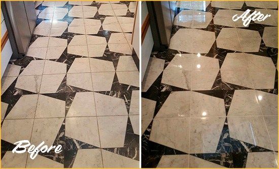 Before and After Picture of a Dull Oakland Marble Stone Floor Polished To Recover Its Luster