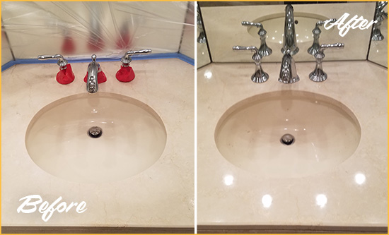 Before and After Picture of a Dull Sand Lake Marble Stone Vanity Top Polished to Bring-Back Its Sheen