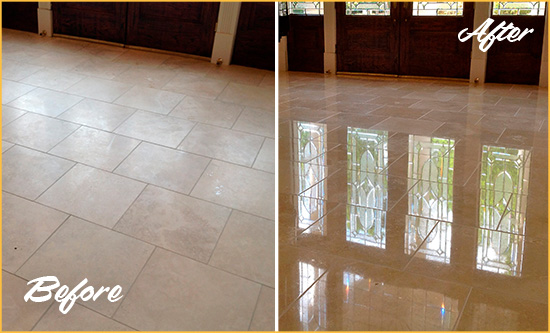 Before and After Picture of a Dull Christmas Travertine Stone Floor Polished to Recover Its Gloss