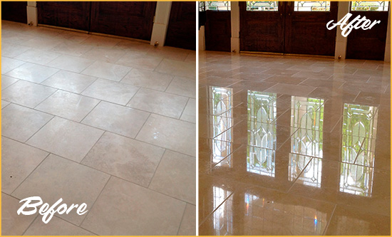Before and After Picture of a Dull Clarcona Travertine Stone Floor Polished to Recover Its Gloss