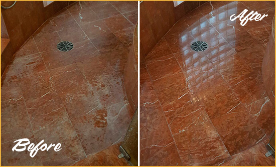 Before and After Picture of a Clarcona Marble Stone Shower Polished to Eliminate Mineral Deposits