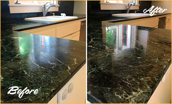 Before and After Picture of a Hunters Creek Marble Stone Counter Polished to Eliminate Water Marks