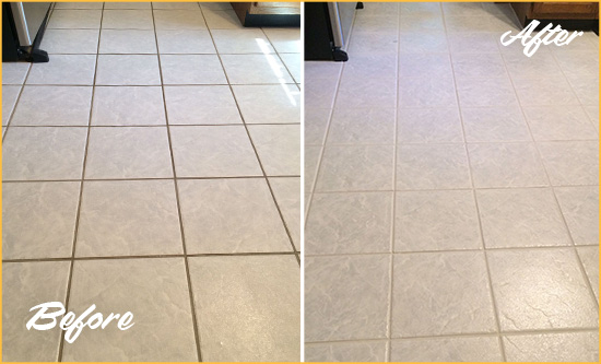 Before and After Picture of a Christmas Kitchen Ceramic Floor Sealed to Protect From Dirt and Spills