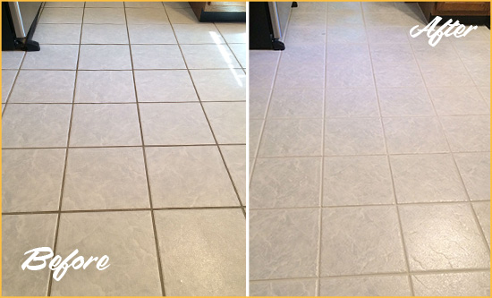 Before and After Picture of a MetroWest Kitchen Ceramic Floor Sealed to Protect From Dirt and Spills
