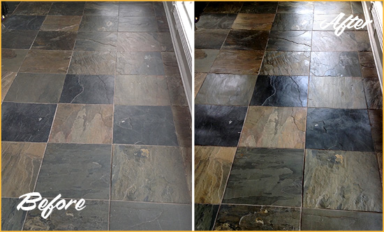 Before and After Picture of a Dull Horizon West Slate Floor Sealed to Bring Back Its Colors