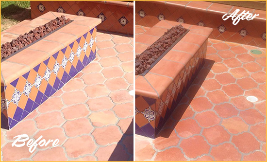 Before and After Picture of a Dull Minneola Terracotta Patio Floor Sealed For UV Protection