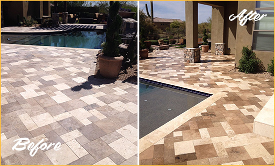 Before and After Picture of a Faded Casselberry Travertine Pool Deck Sealed For Extra Protection