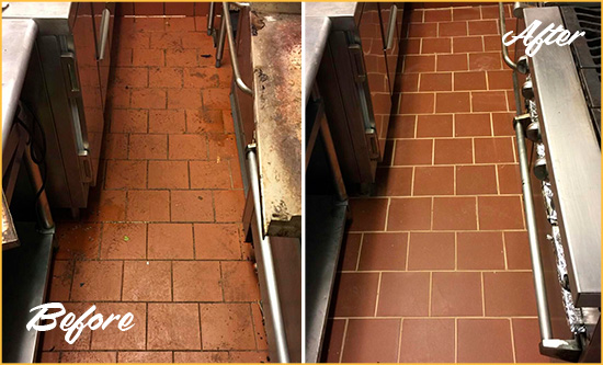 Before and After Picture of a Howey-in-the-Hills Restaurant Kitchen Floor Sealed to Remove Soil