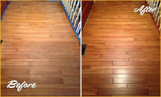 Before and After Picture of a Lake Buena Vista Wood Sand Free Refinishing Service on a Dull Hallway