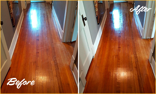 Before and After Picture of a Hunters Creek Wood Sand Free Refinishing Service on a Floor to Eliminate Scratches