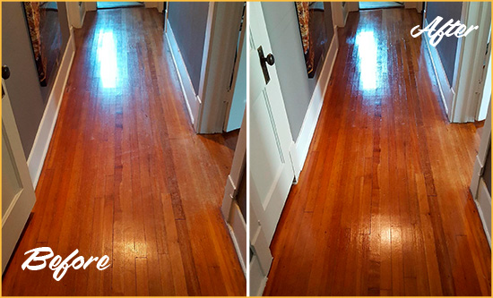 Before and After Picture of a Ocoee Wood Sand Free Refinishing Service on a Floor to Eliminate Scratches