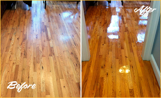 Before and After Picture of a Bay Lake Wood Sand Free Refinishing Service on a Worn Out Hallway