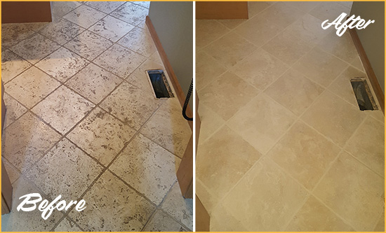 Before and After Picture of a Dr. Phillips Kitchen Marble Floor Cleaned to Remove Embedded Dirt