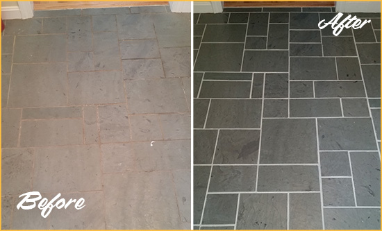 Before and After Picture of a Sand Lake Slate Floor Cleaned to Remove Deep-Seated Dirt