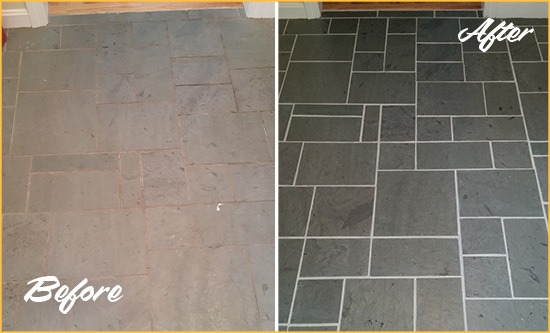 Before and After Picture of a Dr. Phillips Slate Floor Cleaned to Remove Deep-Seated Dirt