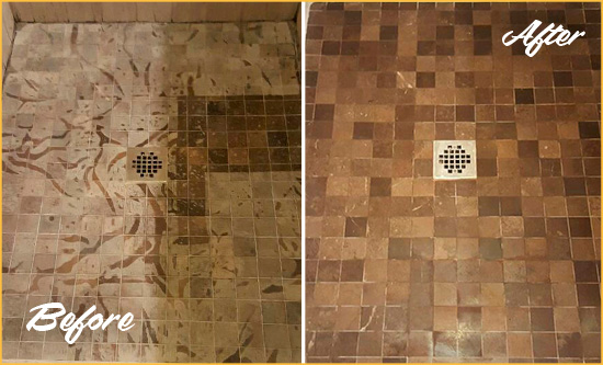 Before and After Picture of a Stained Clear Lake Marble Shower Floor Cleaned to Remove Etching