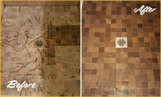 Before and After Picture of a Stained Eatonville Marble Shower Floor Cleaned to Remove Etching