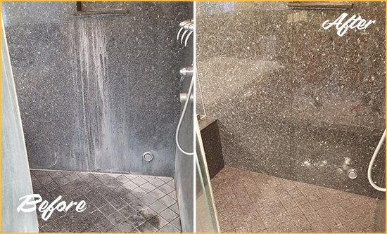 Before and After Picture of a Lake Butler Granite Shower Cleaned to Remove Mineral Deposits