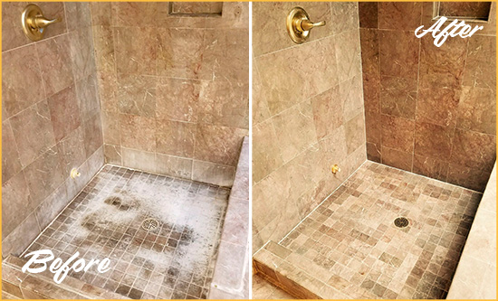 Before and After Picture of a Edgewood Travertine Shower Cleaned to Eliminate Water Spots