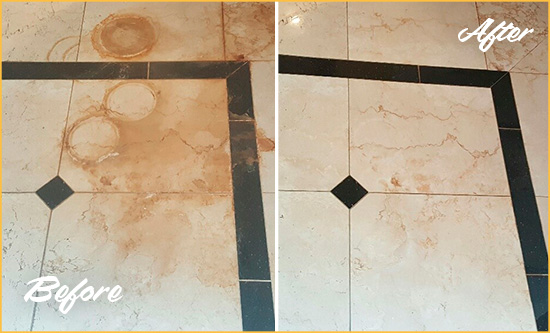 Before and After Picture of a Sand Lake Marble Floor Cleaned to Eliminate Rust Stains